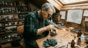 Watchmaker customizing wristwatch at cluttered workbench
