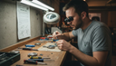 Watch enthusiast modding Seiko at workbench