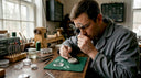 Watchmaker inspecting Seiko dial under sunlight