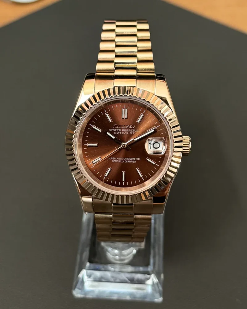 Seiko Mod Datejust Rose Gold Crystal Champagne - Imagen 2