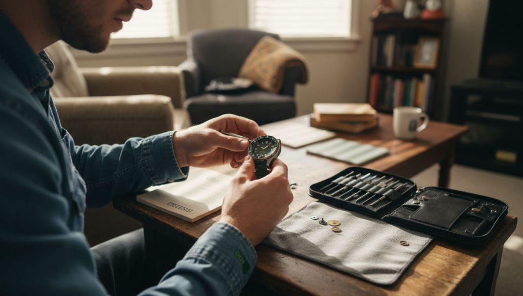 Person modding Seiko watch at home workbench