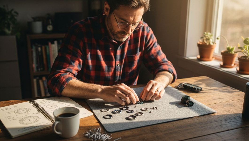 Man customizing Seiko watch at cluttered table