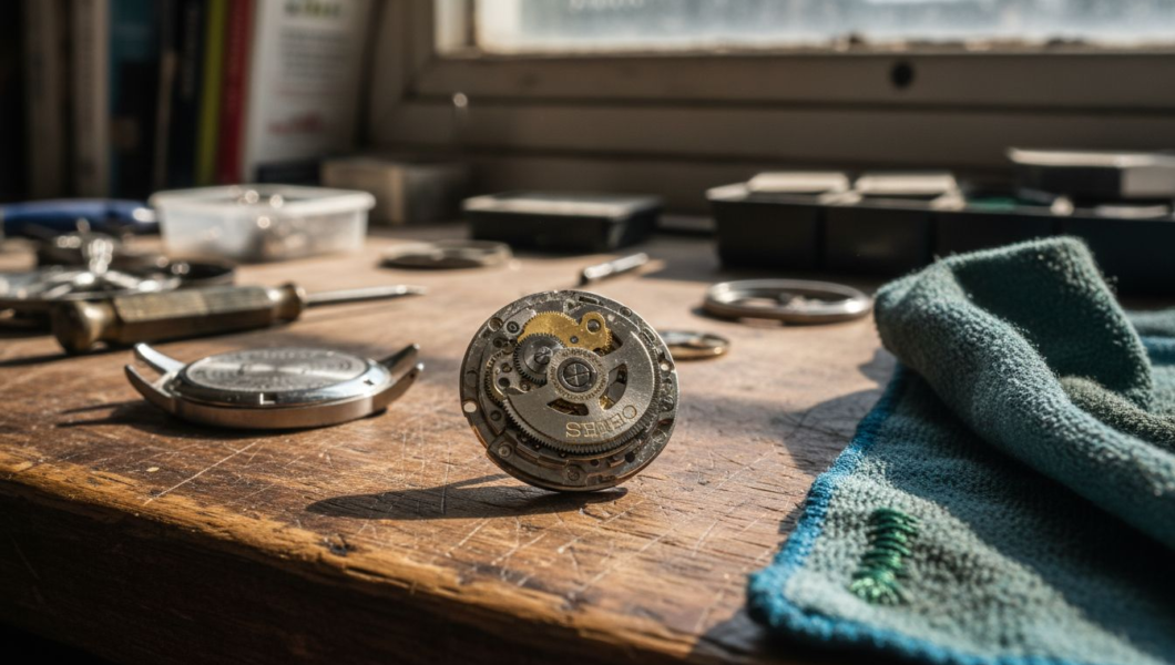 Close-up of Seiko NH35 on workbench