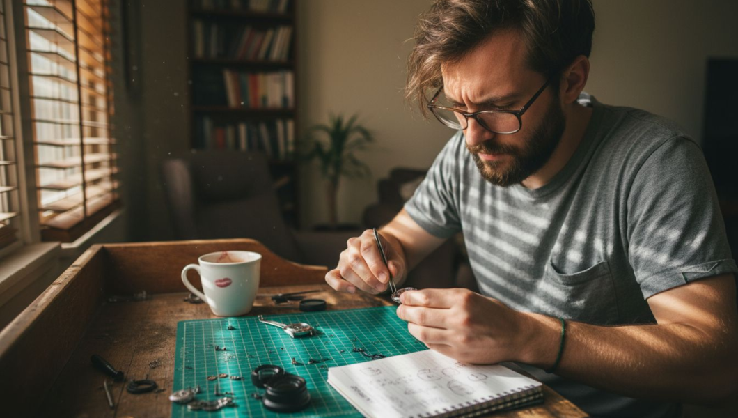Hobbyist modding Seiko watch at workbench
