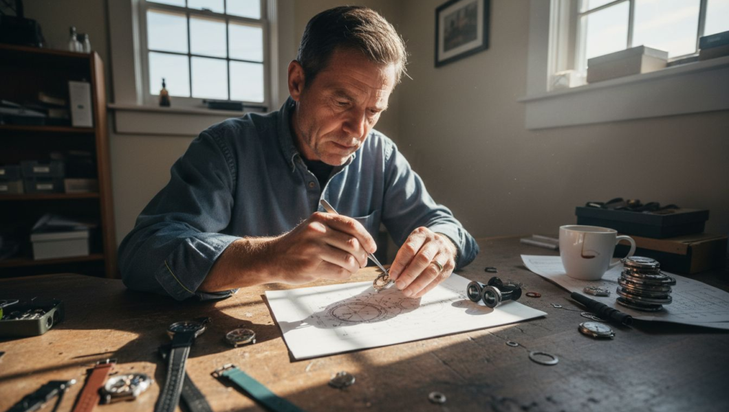 Watchmaker assembling mod parts at workbench