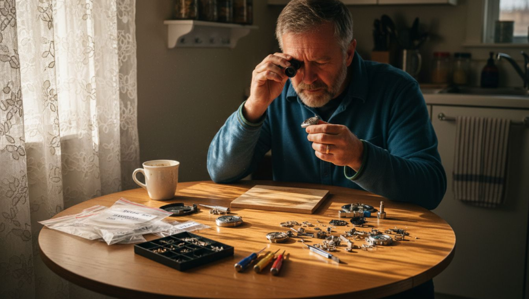 Man prepping Seiko modding tools on kitchen table