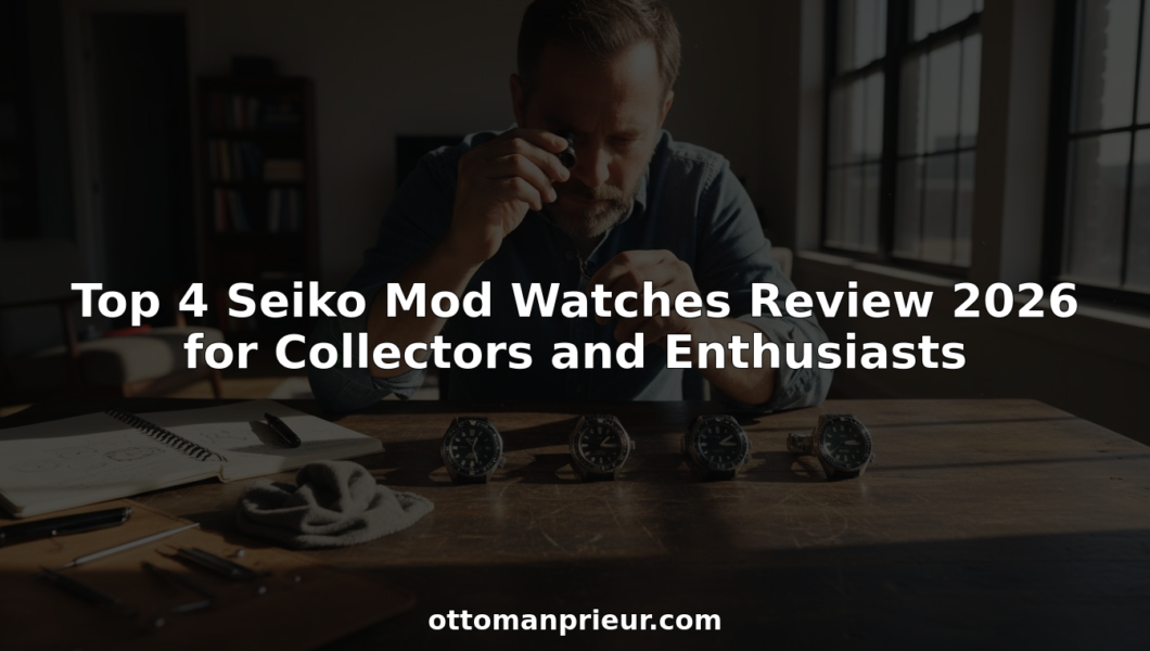 Four Seiko mod watches on collector’s desk with tools