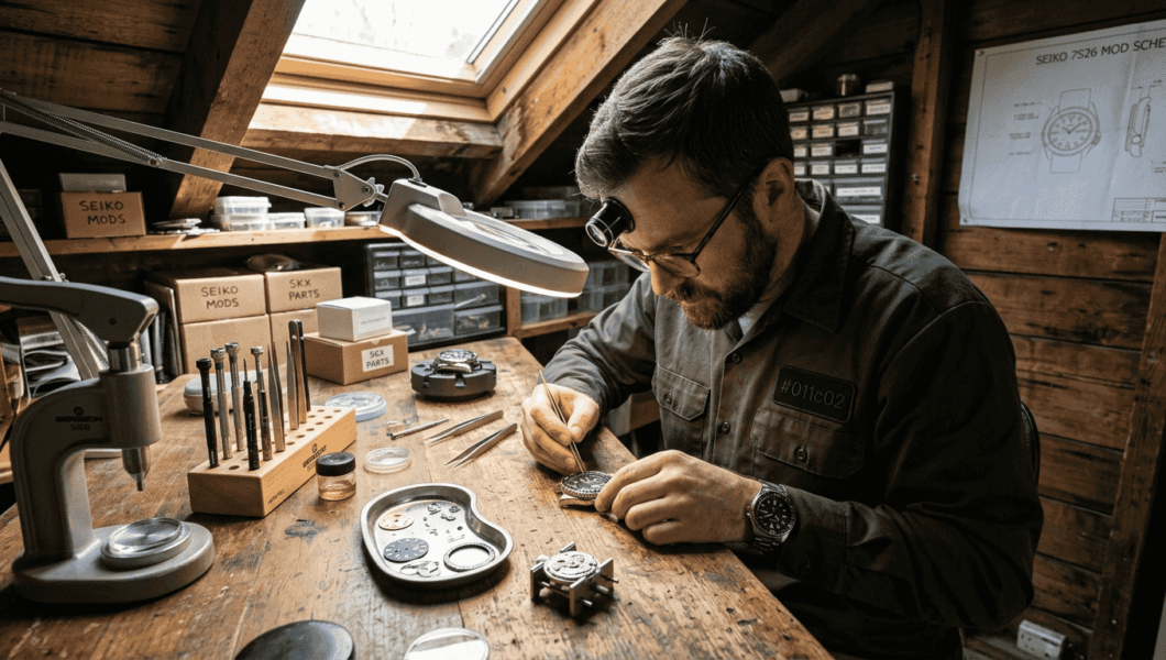 Watch modder crafting Seiko mod at workbench