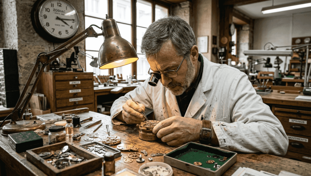 Watchmaker assembling in traditional Swiss workshop