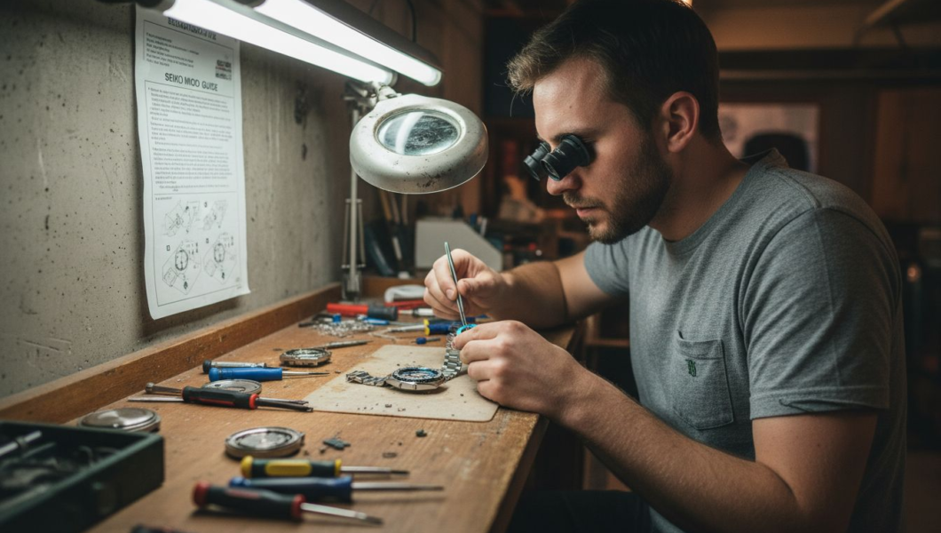 Watch enthusiast modding Seiko at workbench
