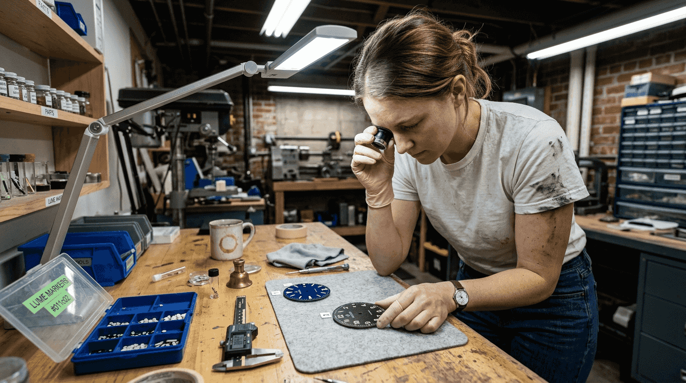 Comparing modified watch dials under workshop light
