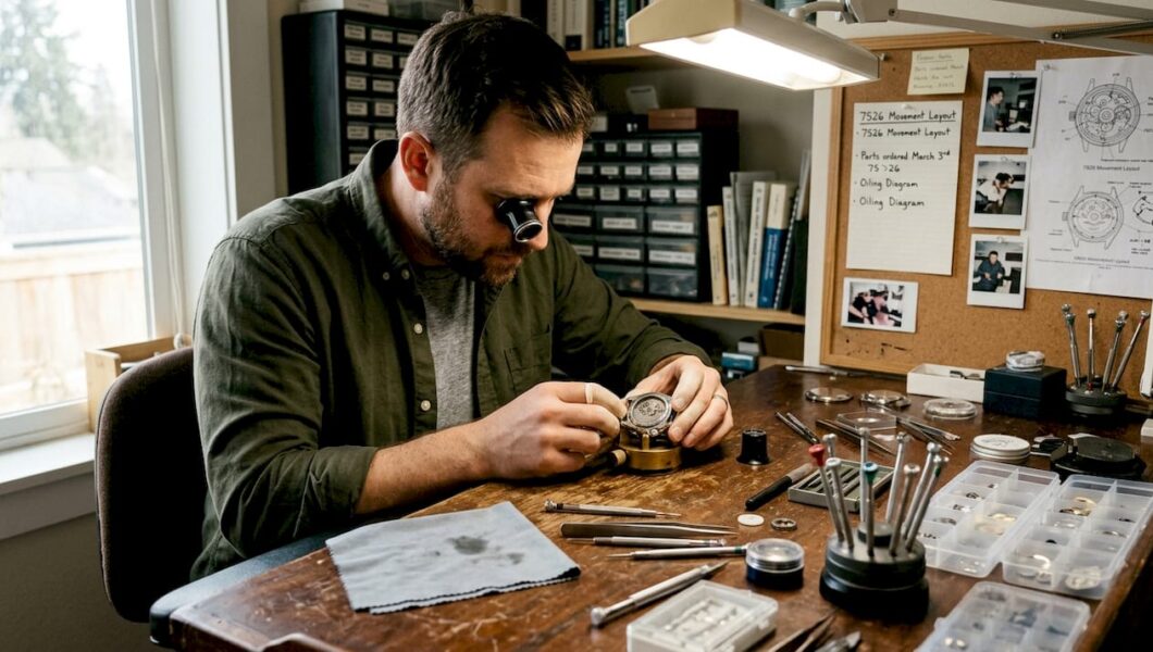 Watch hobbyist preparing Seiko mod workspace