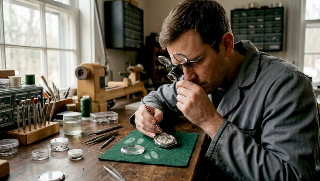 Watchmaker inspecting Seiko dial under sunlight