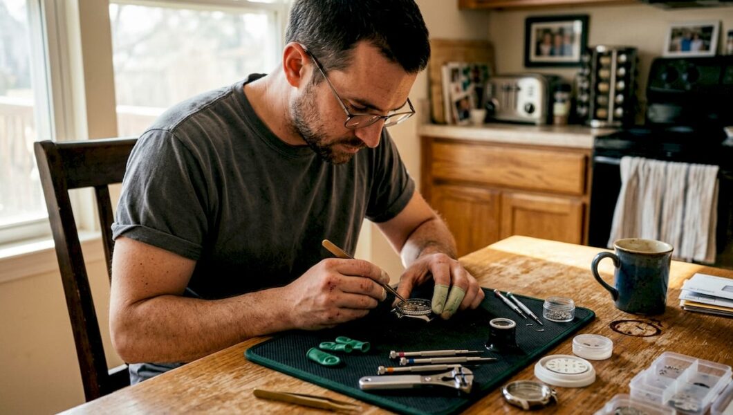Persona haciendo mods a un reloj Seiko en la mesa de la cocina